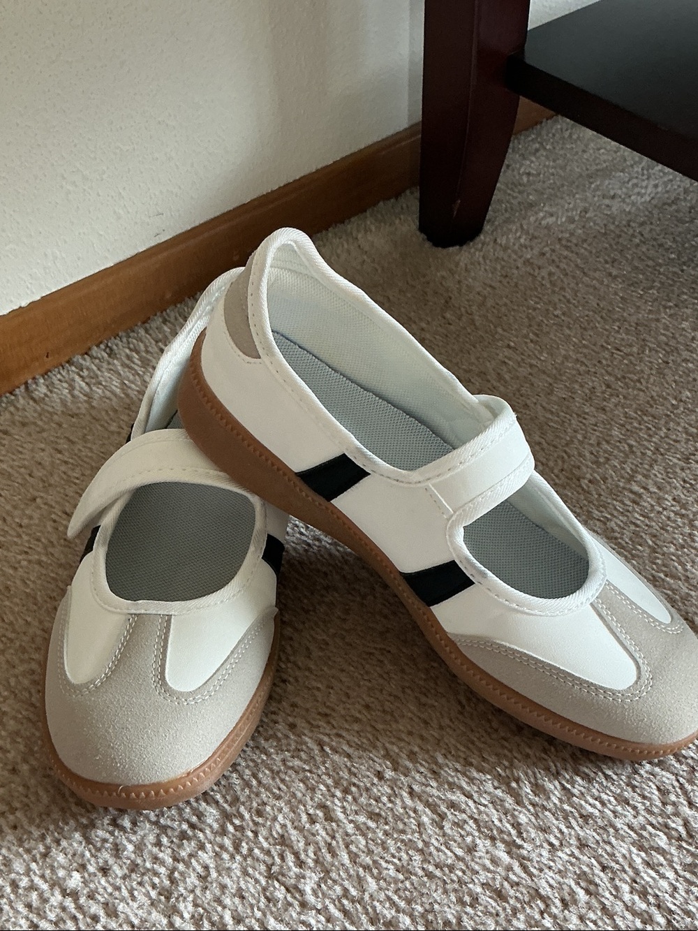 White Mary Jane Sneakers with Tan Trim and Black Accent